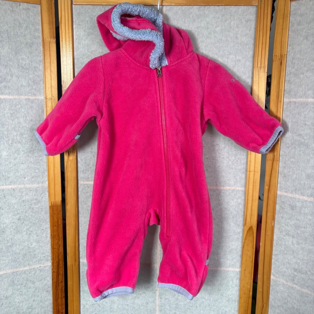 Columbia Fleece Bunting 0-3 Months Pink Hooded Bear Ears Zip Up Snowsuit